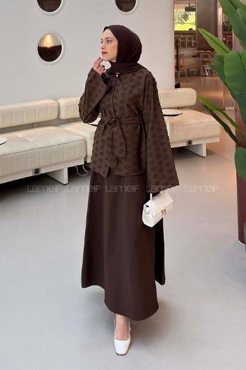Brown Crew Neck Long Arm Cotton Flare Suit