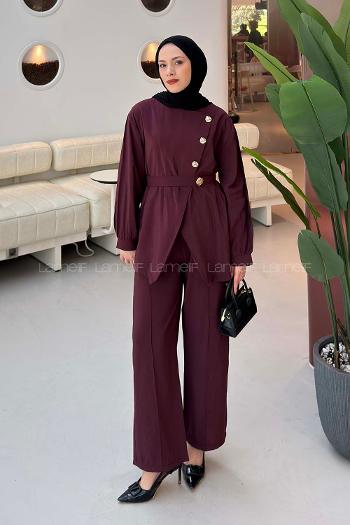 Lamelif Metal Düğme Detaylı İkili Takım Mürdüm