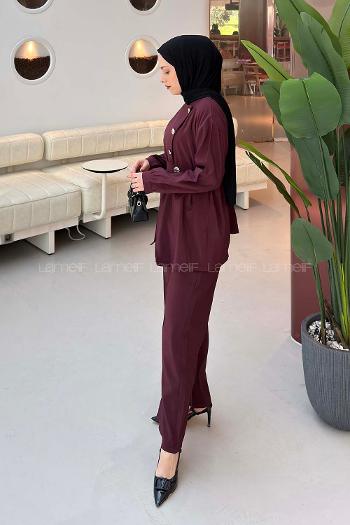 Lamelif Metal Düğme Detaylı İkili Takım Mürdüm