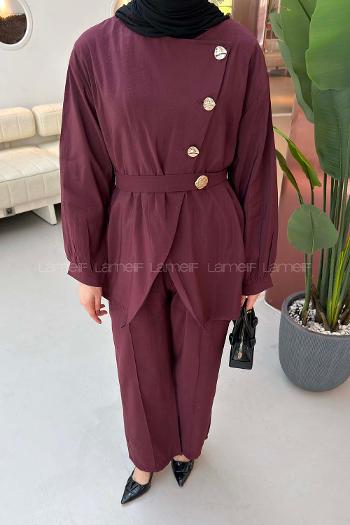 Lamelif Metal Düğme Detaylı İkili Takım Mürdüm