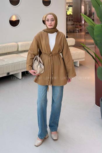 Lamelif Örgü Bağlamalı Kimono Ceket Camel