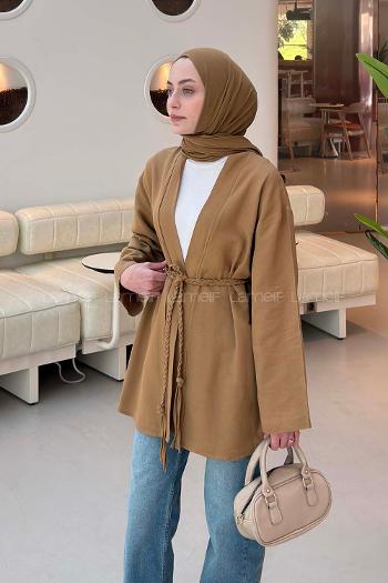 Lamelif Örgü Bağlamalı Kimono Ceket Camel