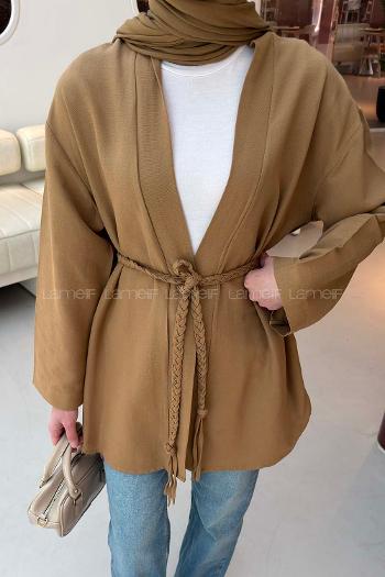 Lamelif Örgü Bağlamalı Kimono Ceket Camel