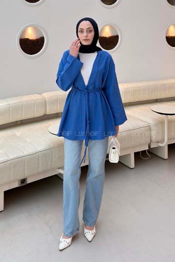 Lamelif Örgü Bağlamalı Kimono Ceket Saks Mavisi