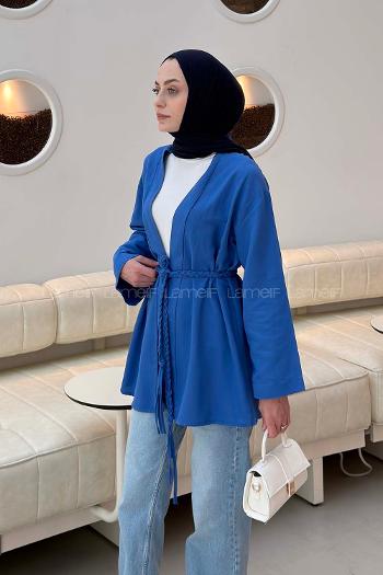 Lamelif Örgü Bağlamalı Kimono Ceket Saks Mavisi