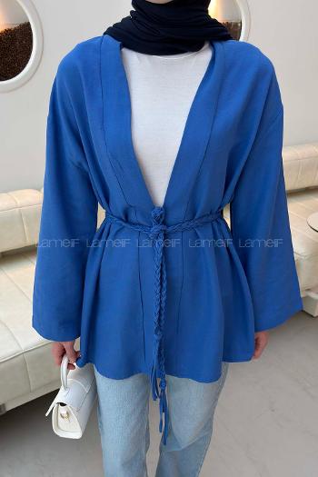 Lamelif Örgü Bağlamalı Kimono Ceket Saks Mavisi