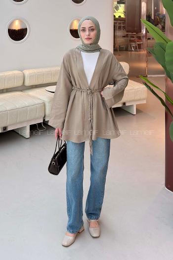 Lamelif Örgü Bağlamalı Kimono Ceket Vizonrengi