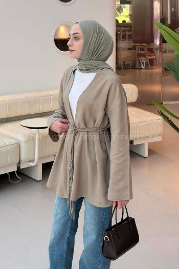 Lamelif Örgü Bağlamalı Kimono Ceket Vizonrengi