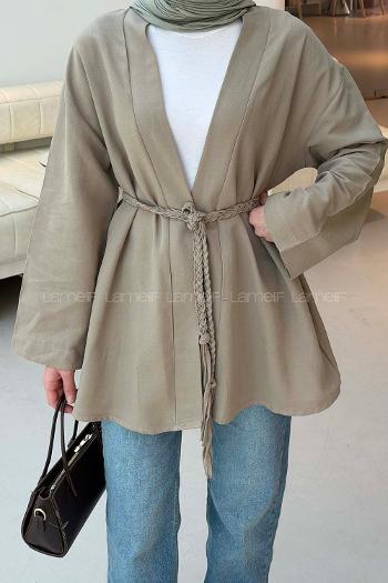 Lamelif Örgü Bağlamalı Kimono Ceket Vizonrengi