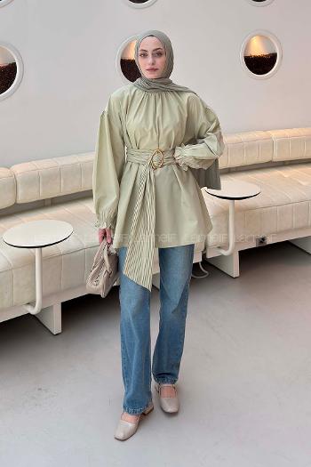 Lamelif Plise Kemerli Tunik Küf Yeşili