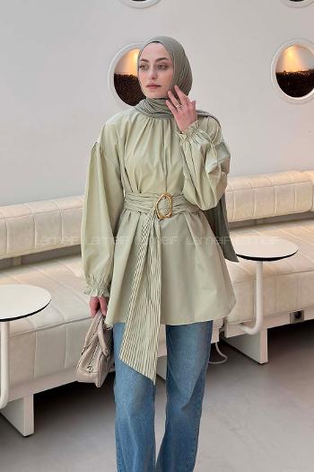 Lamelif Plise Kemerli Tunik Küf Yeşili