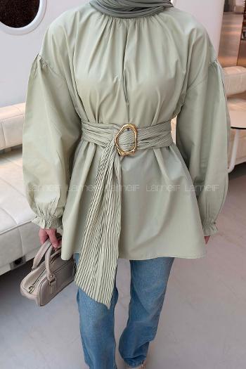 Lamelif Plise Kemerli Tunik Küf Yeşili