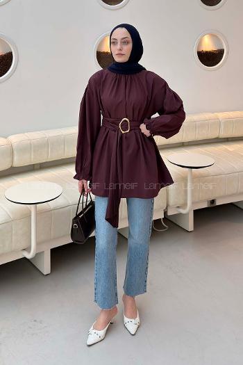 Lamelif Plise Kemerli Tunik Mürdüm