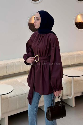 Lamelif Plise Kemerli Tunik Mürdüm