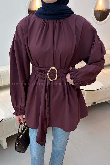 Lamelif Plise Kemerli Tunik Mürdüm