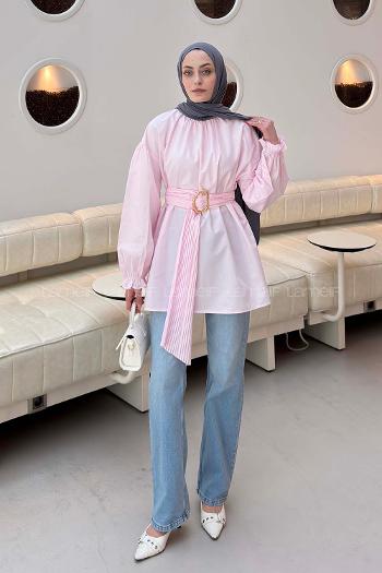 Lamelif Plise Kemerli Tunik Şeker Pembesi