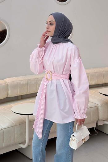 Lamelif Plise Kemerli Tunik Şeker Pembesi