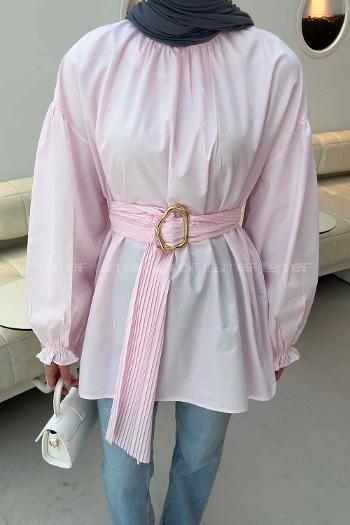 Lamelif Plise Kemerli Tunik Şeker Pembesi