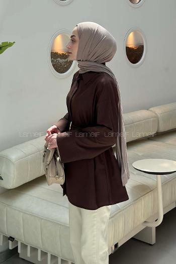 Lamelif Toka Detaylı Uzun Kuşaklı Gömlek Koyu Kahverengi