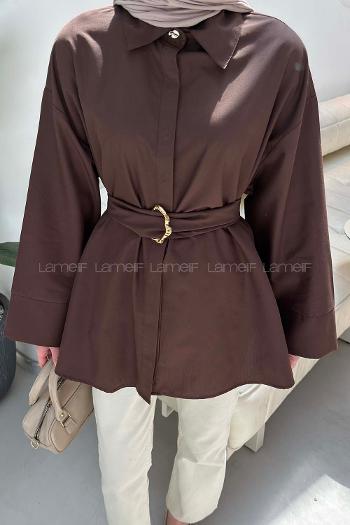 Lamelif Toka Detaylı Uzun Kuşaklı Gömlek Koyu Kahverengi