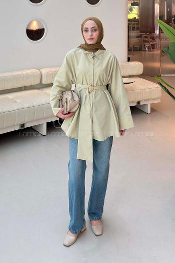 Lamelif Toka Detaylı Uzun Kuşaklı Gömlek Küf Yeşili