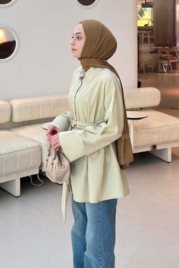 Lamelif Toka Detaylı Uzun Kuşaklı Gömlek Küf Yeşili