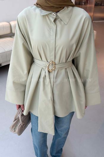 Lamelif Toka Detaylı Uzun Kuşaklı Gömlek Küf Yeşili