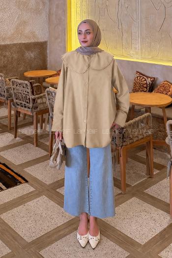 Lamelif Bebe Yaka Dantel Detaylı Gömlek Bej