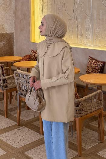Lamelif Bebe Yaka Dantel Detaylı Gömlek Bej