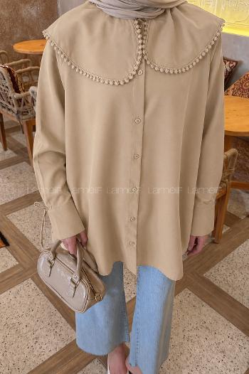 Lamelif Bebe Yaka Dantel Detaylı Gömlek Bej