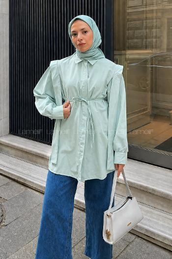 Mint Green Shirt Collar Long Arm Cotton Shirt