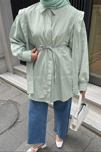 Mint Green Shirt Collar Long Arm Cotton Shirt