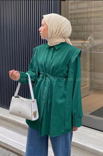 Emerald Green Shirt Collar Long Arm Cotton Poplin Fabric Shirt