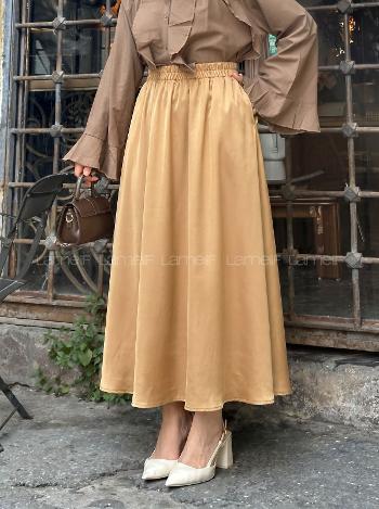Lamelif Cep Detaylı Keten Etek Kum Beji
