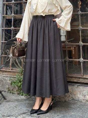 Lamelif Cep Detaylı Keten Etek Siyah