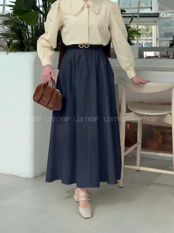 Lamelif Cep Detaylı Kloş Keten Etek Lacivert