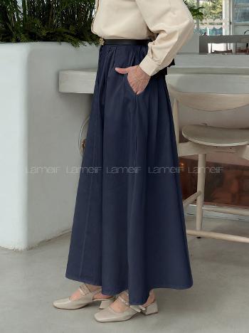 Lamelif Cep Detaylı Kloş Keten Etek Lacivert