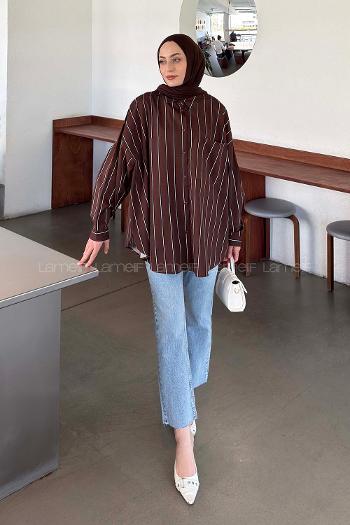 Lamelif Çizgi Detaylı Cepli Gömlek Kahverengi