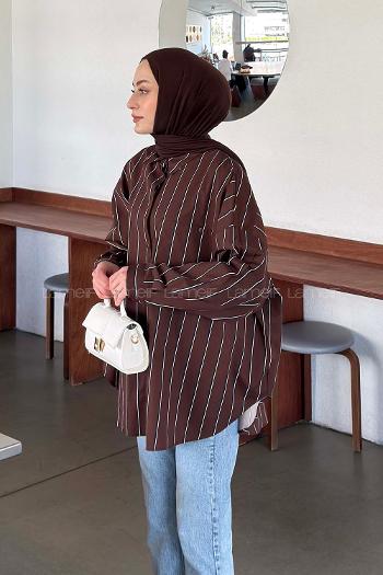 Lamelif Çizgi Detaylı Cepli Gömlek Kahverengi