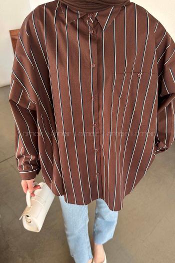 Lamelif Çizgi Detaylı Cepli Gömlek Kahverengi