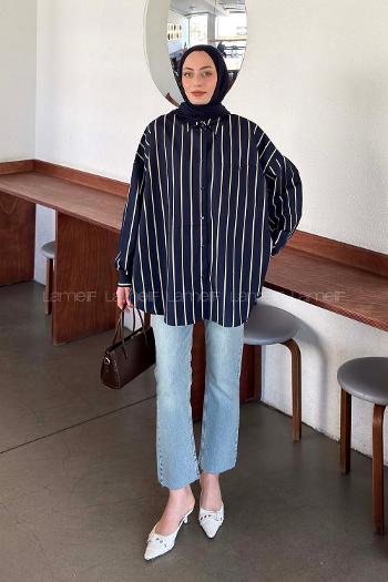 Navy Blue Shirt Collar Long Arm Cotton Fabric Polyester Shirt