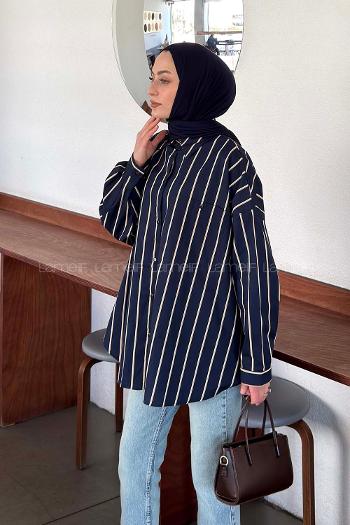 Navy Blue Shirt Collar Long Arm Cotton Fabric Polyester Shirt