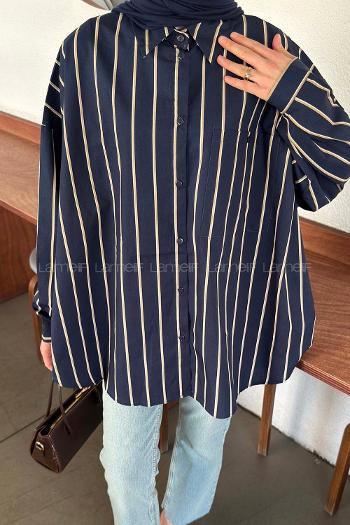 Navy Blue Shirt Collar Long Arm Cotton Fabric Polyester Shirt