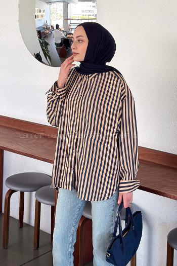 Navy Blue Shirt Collar Long Arm Tensel Shirt