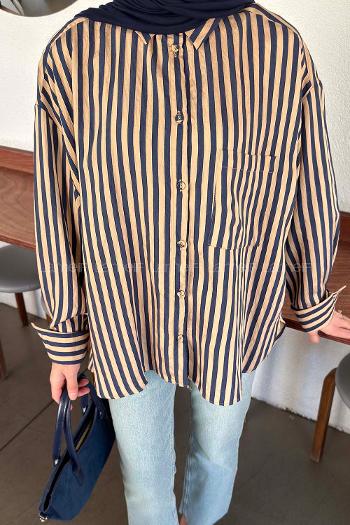 Navy Blue Shirt Collar Long Arm Tensel Shirt