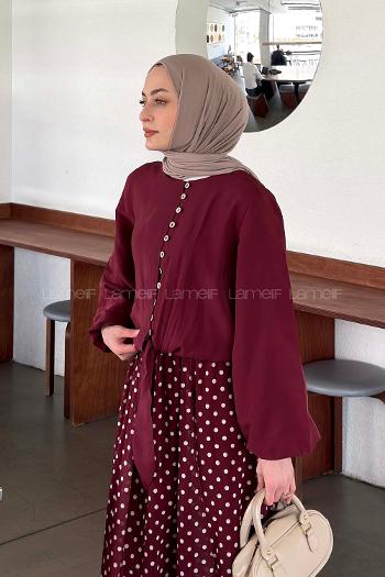 Lamelif Etek Ucu Bağlama Detaylı Balon Kol Gömlek Bordo