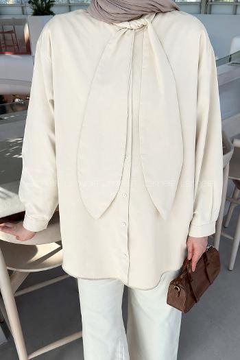 Cream Foulard Neck Long Arm Cotton Shirt