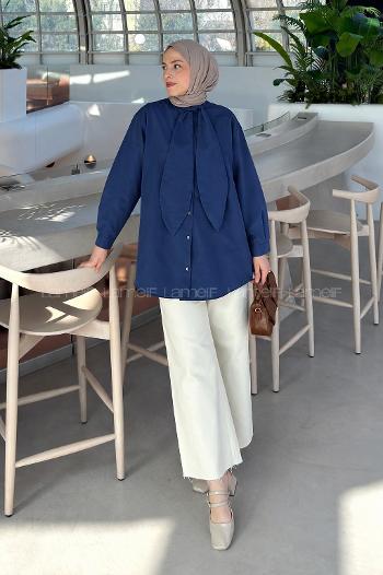 Navy Blue Foulard Neck Long Arm Cotton Shirt