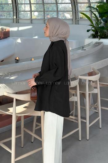 Lamelif Fular Detaylı Gömlek Siyah