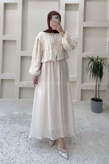 Cream Crew Neck Long Arm Cotton Straight Skirt Suit